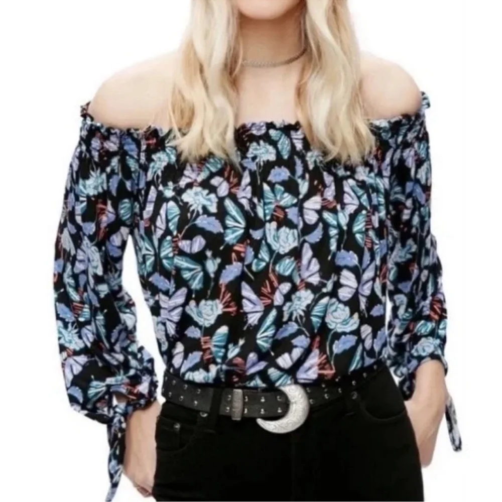 Free People Lexington Top Womens XS Floral Butterfly Off Shoulder Fairy Whimsy